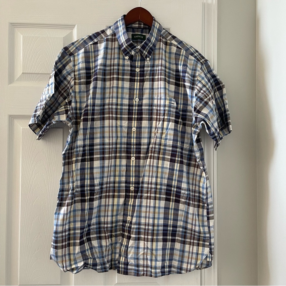 Orvis EZCool‎ Wrinkle-Free Plaid Short Sleeve Button Down Shirt Mens Large Blue